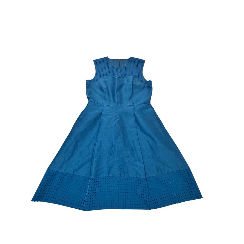 J.Crew Blue Cotton Silk Dress Eyelet Laser Cut Fit Flare Size 6 Pockets Classic
